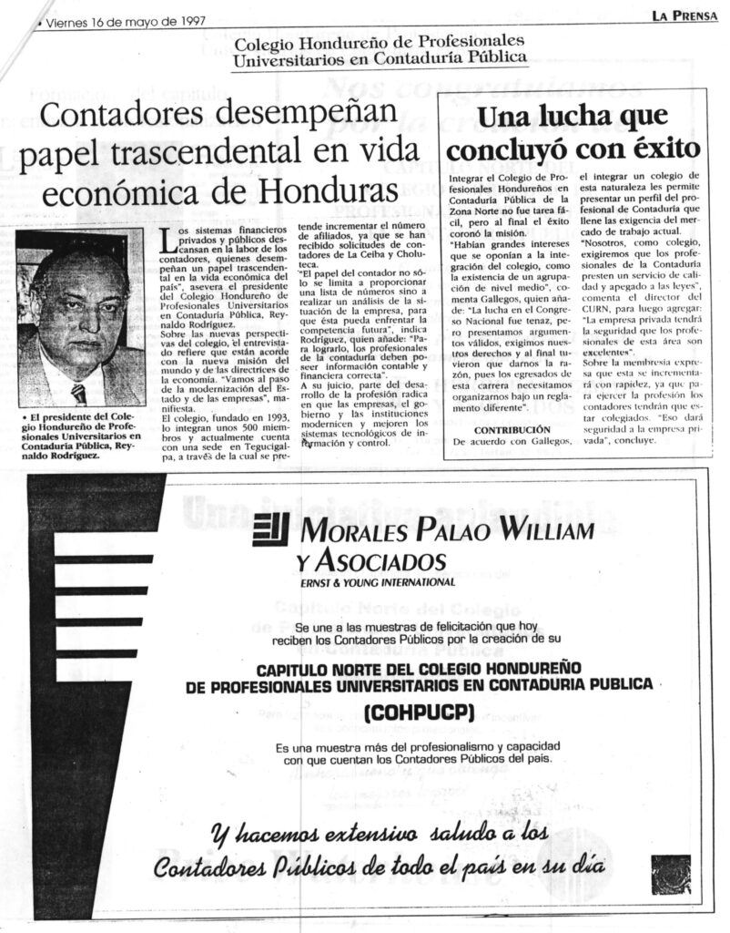 Recorte de La Prensa, 16 de mayo de 1997: "Contadores desempeñan papel trascendental en vida económica de Honduras" - cobertura de la fundación del Capítulo Norte del COHPUCP