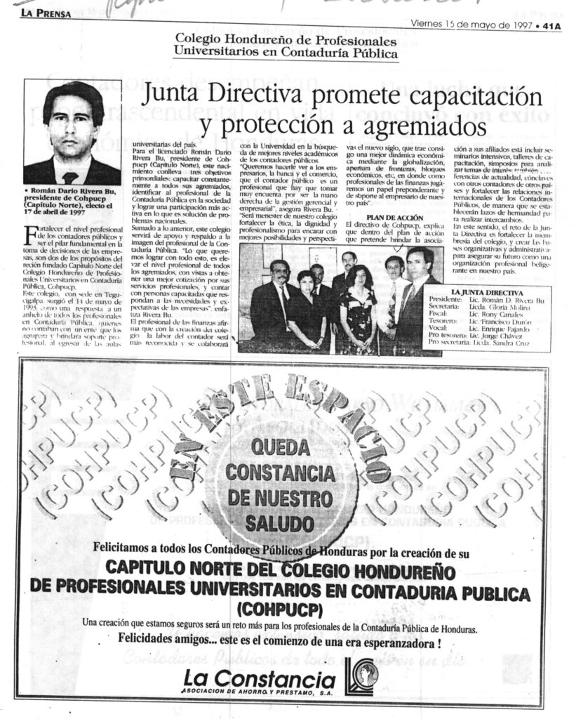 Recorte de La Prensa, 15 de mayo de 1997: "Junta Directiva promete capacitación y protección a agremiados" - fundación del Capítulo Norte del COHPUCP