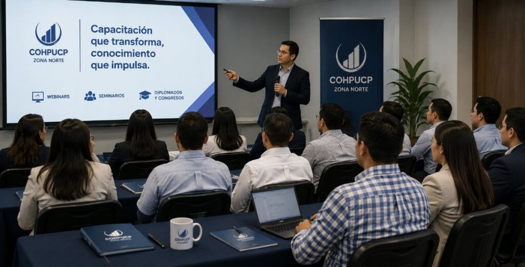 Capacitación presencial de COHPUCP Zona Norte con expositor y participantes