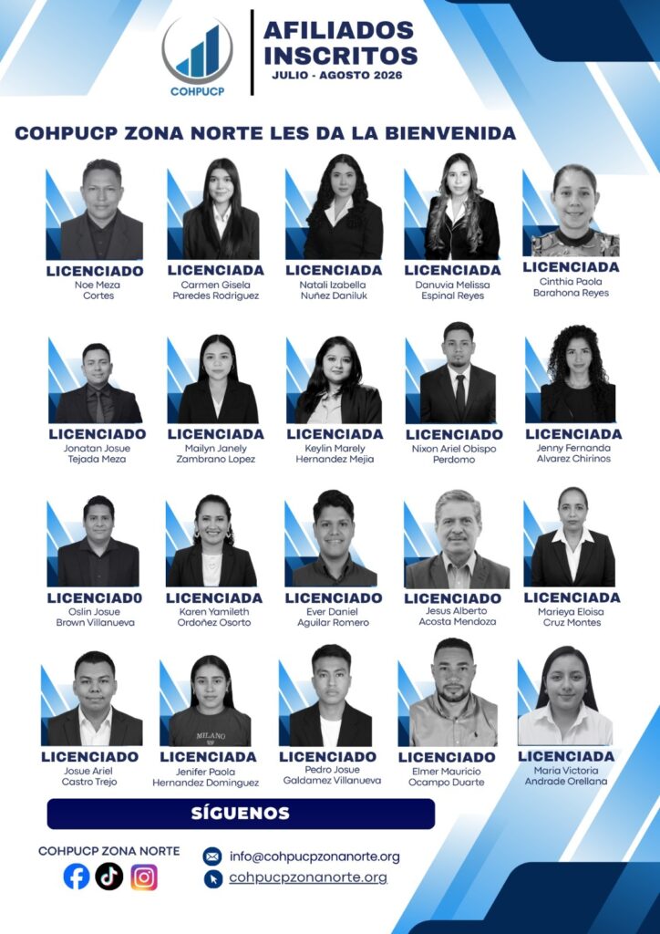 Boletín de bienvenida a nuevos afiliados del COHPUCP Zona Norte, julio-agosto 2026
