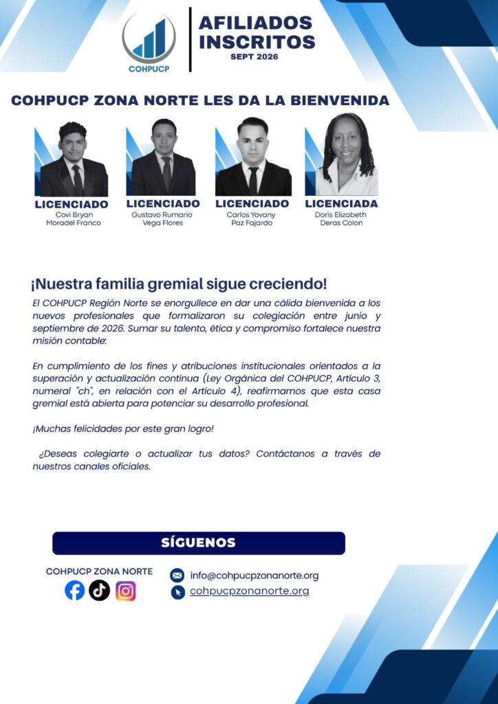 Boletín de bienvenida a nuevos afiliados del COHPUCP Zona Norte, septiembre 2026